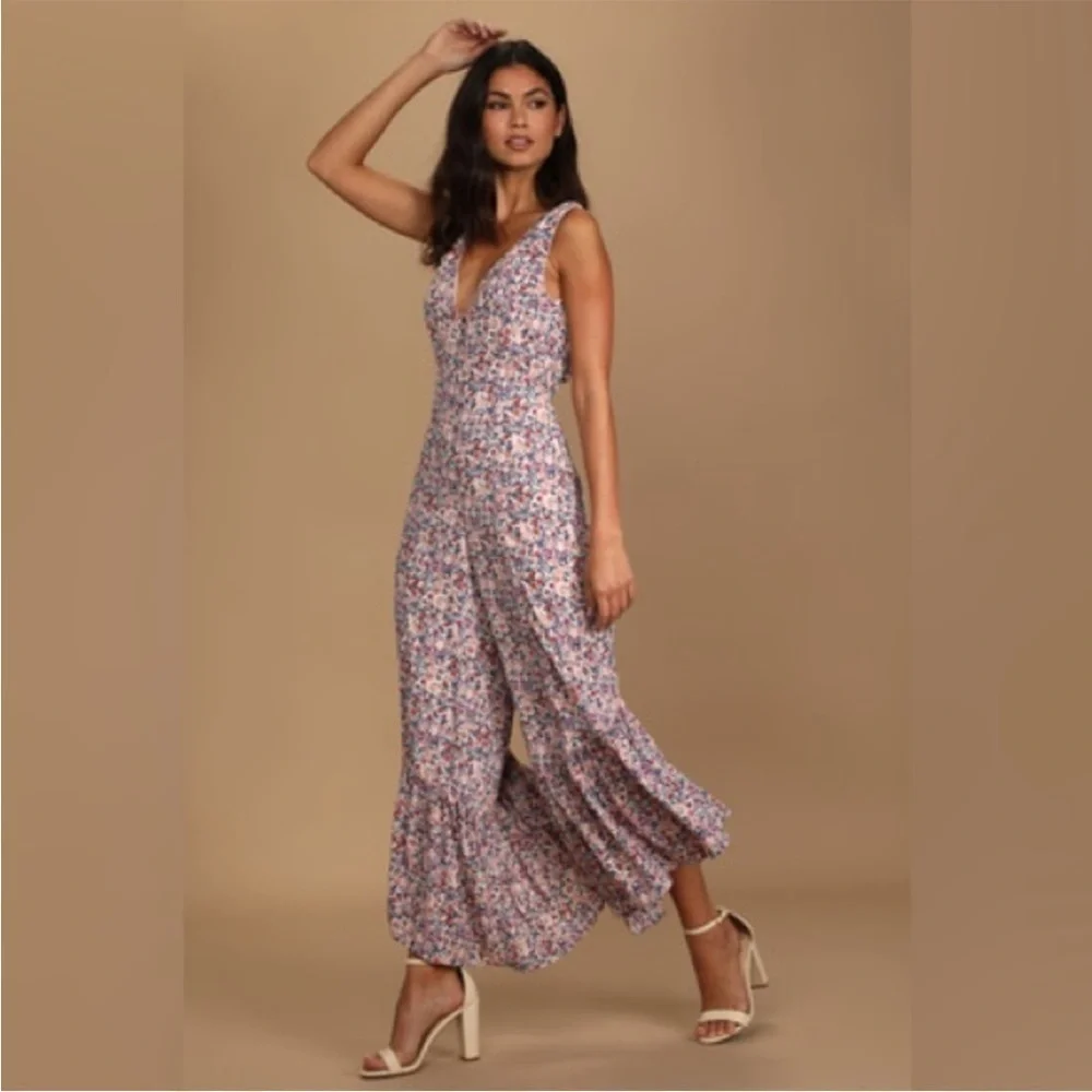 Lulu’s Make it Beautiful Cream Floral Print Ruffled Open Tie-Back Jumpsuit